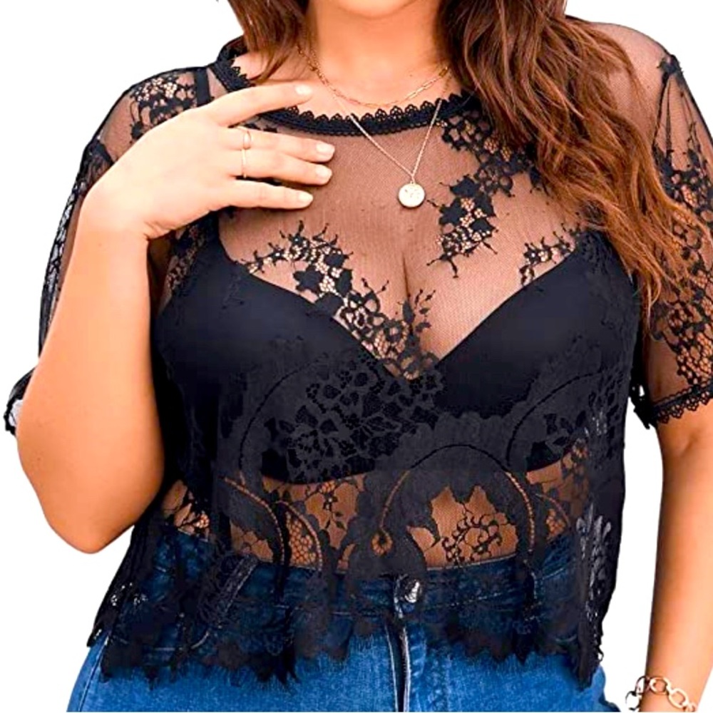 Black Mesh Lace Sheer Crop Top Size 1x